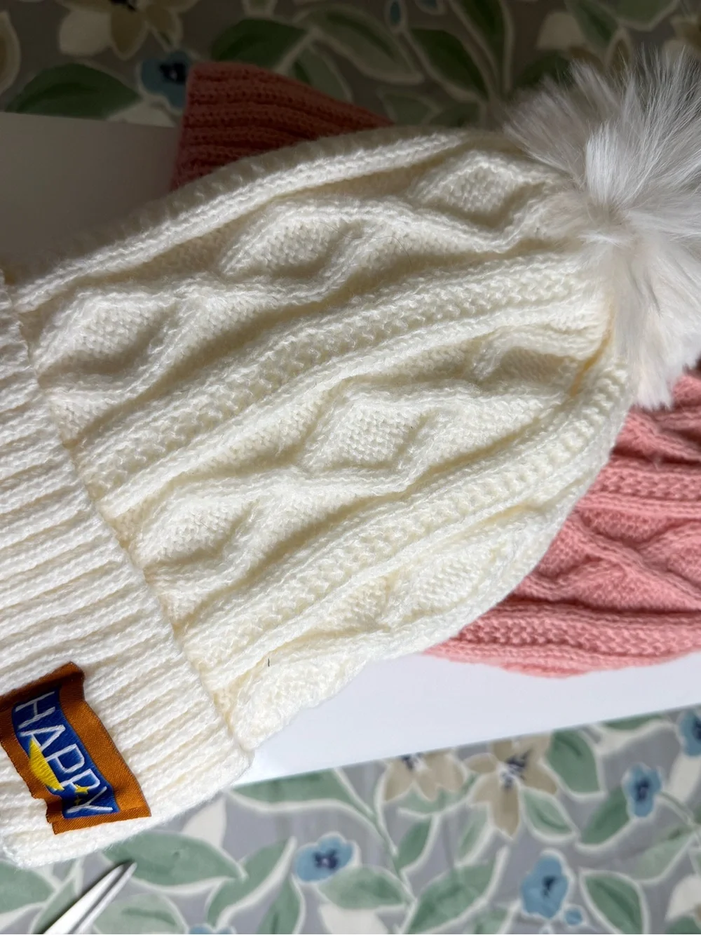 Cream Cable Knit Pom Beanie for Kids or Adults